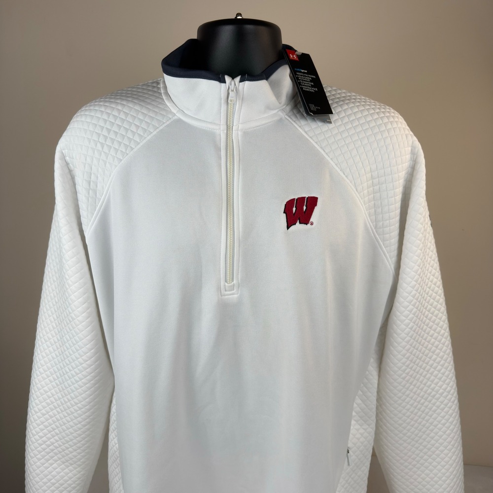Under Armour Wisconsin Badgers ColdGear Quilted 1/4 Zip Pullover White Mens XL